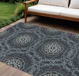 8' X 10' Charcoal Gray And Ivory Floral Medallion Washable Indoor Outdoor Area Rug