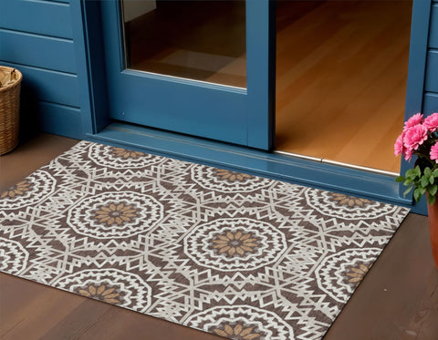 3' X 5' Chocolate Ivory And Taupe Floral Medallion Washable Indoor Outdoor Area Rug