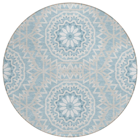 8' Denim Blue And Ivory Round Floral Medallion Washable Indoor Outdoor Area Rug