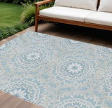 8' X 10' Denim Blue And Ivory Floral Medallion Washable Indoor Outdoor Area Rug