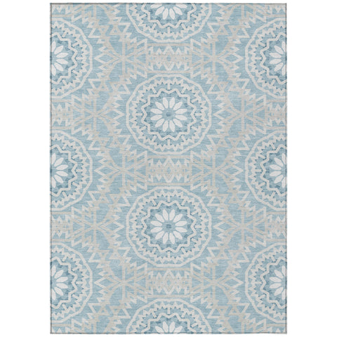 8' X 10' Denim Blue And Ivory Floral Medallion Washable Indoor Outdoor Area Rug
