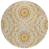 8' Gold Gray And Ivory Round Floral Medallion Washable Indoor Outdoor Area Rug