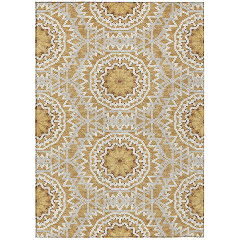 8' X 10' Gold Gray And Ivory Floral Medallion Washable Indoor Outdoor Area Rug