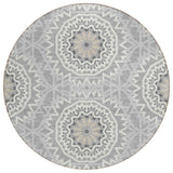 8' Gray Silver And Ivory Round Floral Medallion Washable Indoor Outdoor Area Rug