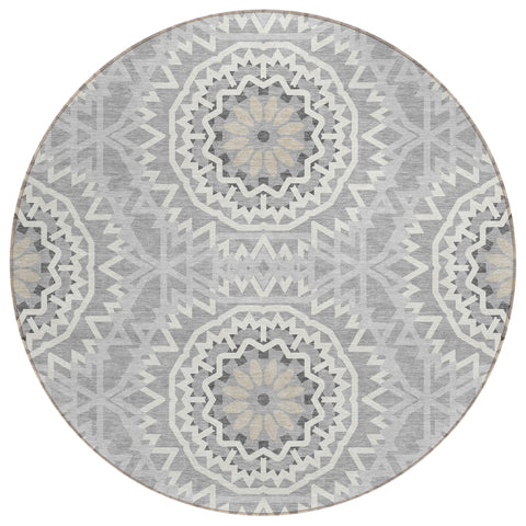 8' Gray Silver And Ivory Round Floral Medallion Washable Indoor Outdoor Area Rug