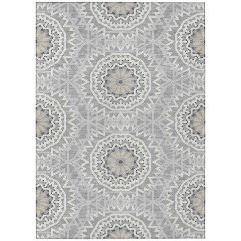 8' X 10' Gray Silver And Ivory Floral Medallion Washable Indoor Outdoor Area Rug