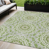 5' X 8' Olive Green And Ivory Floral Medallion Washable Indoor Outdoor Area Rug