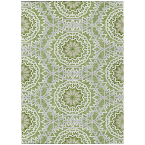 5' X 8' Olive Green And Ivory Floral Medallion Washable Indoor Outdoor Area Rug