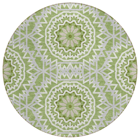 8' Olive Green And Ivory Round Floral Medallion Washable Indoor Outdoor Area Rug