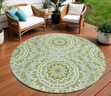 8' Olive Green And Ivory Round Floral Medallion Washable Indoor Outdoor Area Rug