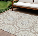 8' X 10' Ivory Beige And Silver Floral Medallion Washable Indoor Outdoor Area Rug