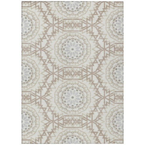 8' X 10' Ivory Beige And Silver Floral Medallion Washable Indoor Outdoor Area Rug