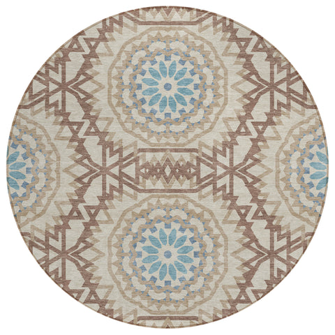 8' Khaki Brown And Taupe Round Floral Medallion Washable Indoor Outdoor Area Rug