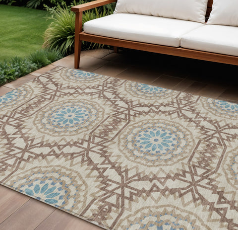 8' X 10' Khaki Brown And Taupe Floral Medallion Washable Indoor Outdoor Area Rug