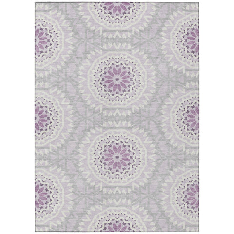 5' X 8' Lilac Purple And Ivory Floral Medallion Washable Indoor Outdoor Area Rug