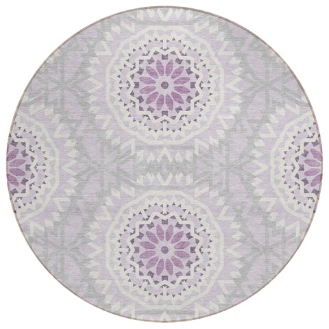 8' Lilac Purple And Ivory Round Floral Medallion Washable Indoor Outdoor Area Rug