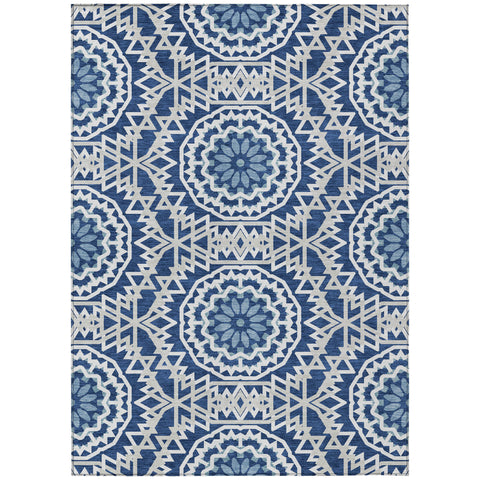 3' X 5' Navy Blue Ivory And Gray Floral Medallion Washable Indoor Outdoor Area Rug