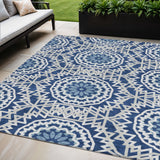 5' X 8' Navy Blue Ivory And Gray Floral Medallion Washable Indoor Outdoor Area Rug