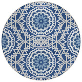 8' Navy Blue Ivory And Gray Round Floral Medallion Washable Indoor Outdoor Area Rug