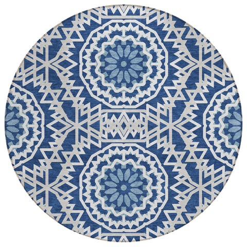 8' Navy Blue Ivory And Gray Round Floral Medallion Washable Indoor Outdoor Area Rug
