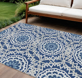 8' X 10' Navy Blue Ivory And Gray Floral Medallion Washable Indoor Outdoor Area Rug