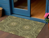 3' X 5' Olive Green Artichoke Green And Gold Floral Medallion Washable Indoor Outdoor Area Rug