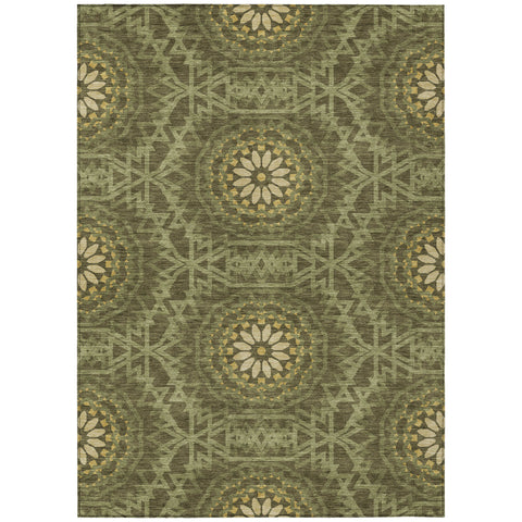 3' X 5' Olive Green Artichoke Green And Gold Floral Medallion Washable Indoor Outdoor Area Rug