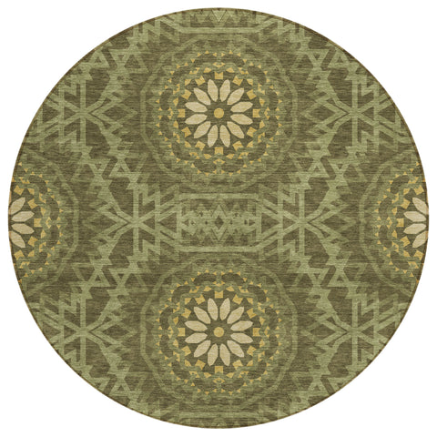 8' Olive Green Artichoke Green And Gold Round Floral Medallion Washable Indoor Outdoor Area Rug