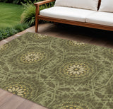 8' X 10' Olive Green Artichoke Green And Gold Floral Medallion Washable Indoor Outdoor Area Rug
