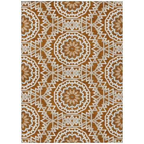 3' X 5' Orange Copper And Beige Floral Medallion Washable Indoor Outdoor Area Rug