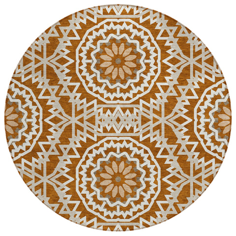 8' Orange Copper And Beige Round Floral Medallion Washable Indoor Outdoor Area Rug