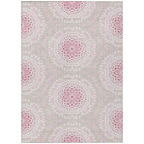 5' X 8' Pink Blush And Ivory Floral Medallion Washable Indoor Outdoor Area Rug