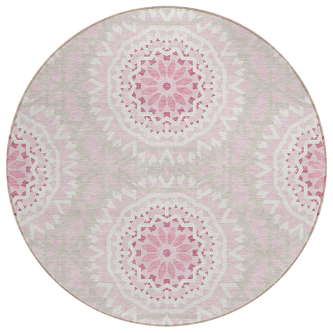 8' Pink Blush And Ivory Round Floral Medallion Washable Indoor Outdoor Area Rug