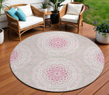 8' Pink Blush And Ivory Round Floral Medallion Washable Indoor Outdoor Area Rug