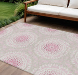 8' X 10' Pink Blush And Ivory Floral Medallion Washable Indoor Outdoor Area Rug