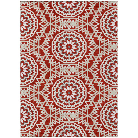 3' X 5' Red Beige And Ivory Floral Medallion Washable Indoor Outdoor Area Rug
