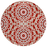 8' Red Beige And Ivory Round Floral Medallion Washable Indoor Outdoor Area Rug