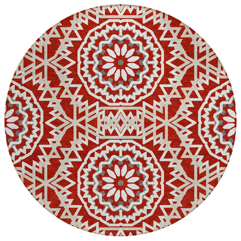 8' Red Beige And Ivory Round Floral Medallion Washable Indoor Outdoor Area Rug