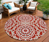 8' Red Beige And Ivory Round Floral Medallion Washable Indoor Outdoor Area Rug