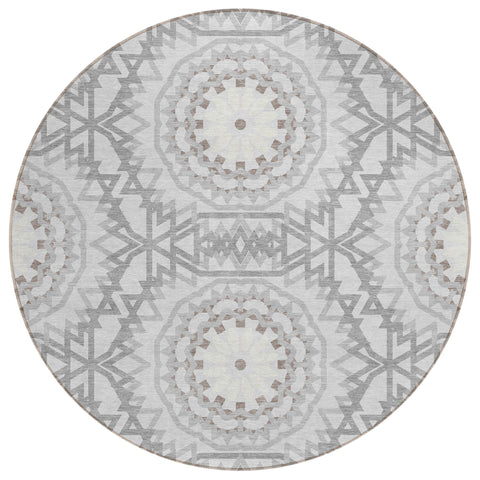 8' Silver Ivory And Gray Round Floral Medallion Washable Indoor Outdoor Area Rug