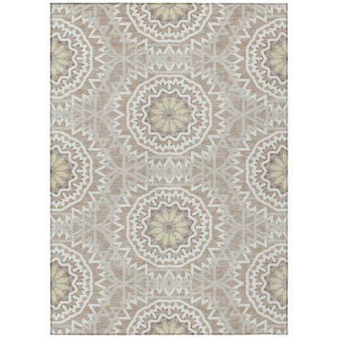 3' X 5' Taupe Khaki And Ivory Floral Medallion Washable Indoor Outdoor Area Rug