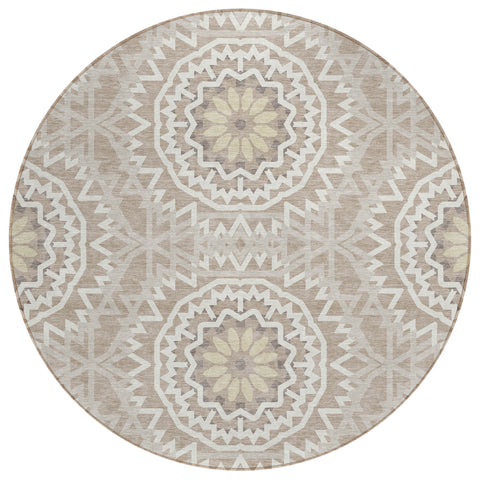 8' Taupe Khaki And Ivory Round Floral Medallion Washable Indoor Outdoor Area Rug