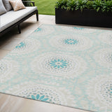 5' X 8' Teal Blue Beige And Ivory Floral Medallion Washable Indoor Outdoor Area Rug