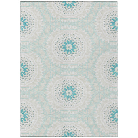 5' X 8' Teal Blue Beige And Ivory Floral Medallion Washable Indoor Outdoor Area Rug