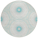 8' Teal Blue Beige And Ivory Round Floral Medallion Washable Indoor Outdoor Area Rug