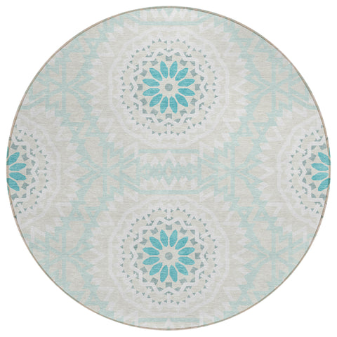 8' Teal Blue Beige And Ivory Round Floral Medallion Washable Indoor Outdoor Area Rug