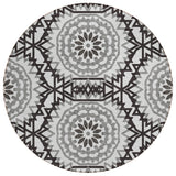 8' White Black And Gray Round Floral Medallion Washable Indoor Outdoor Area Rug