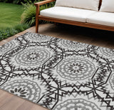 8' X 10' White Black And Gray Floral Medallion Washable Indoor Outdoor Area Rug