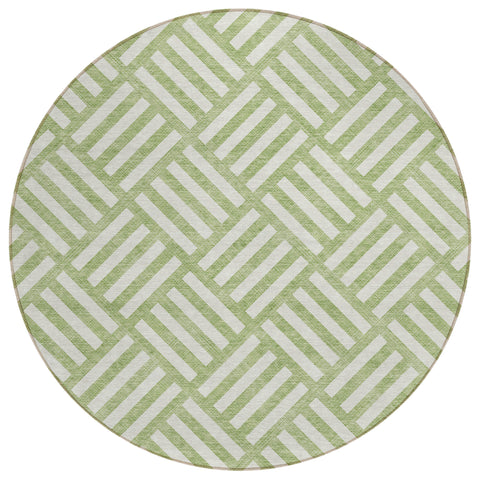 8' Artichoke Green And Ivory Round Geometric Washable Indoor Outdoor Area Rug