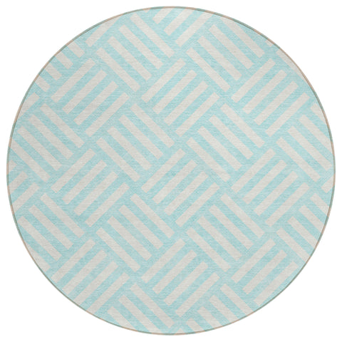 8' Aqua And Ivory Round Geometric Washable Indoor Outdoor Area Rug